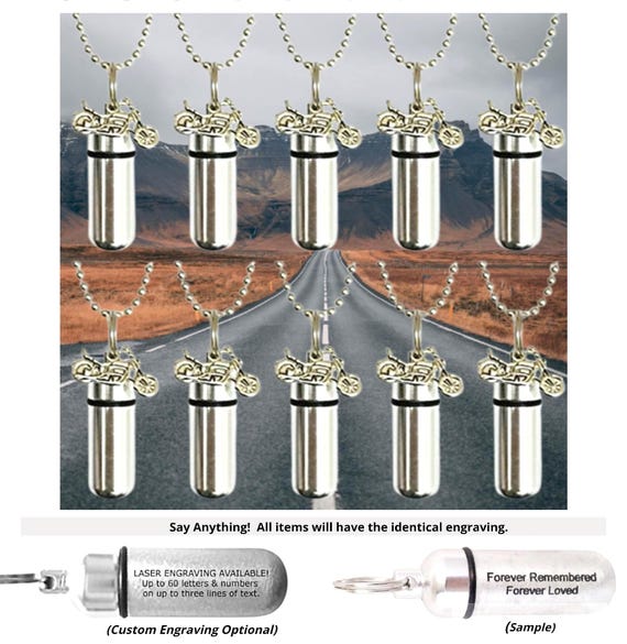 Set of Ten Silver Motorcycle CREMATION URN Necklaces - Custom ENGRAVABLE - Mourning Jewelry,  Loss Of Loved One, Men's Jewelry