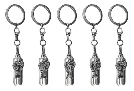 Set of FIVE Silver Cremation Urn on Swivel Keychains with Angel Wings, Memorial Urn, Mourning Keepsake, Child Urn, Pet Urn, Personalized Urn