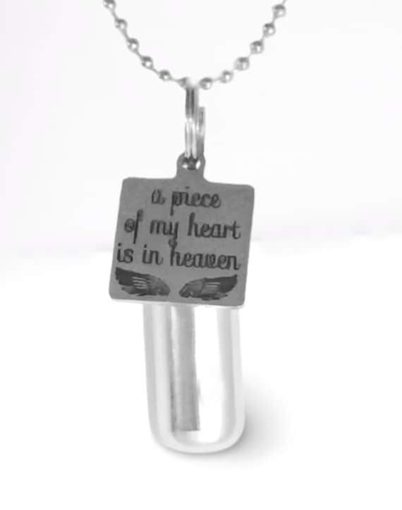 Engraved Cremation Urn Necklace  "A piece of my heart is in heaven" with Angel Wings - Mourning Keepsake, Pet Urn, Ashes Necklace, Child Urn