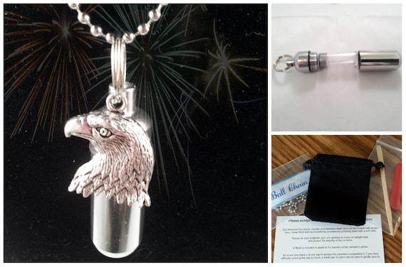 Complete Set - Silver CREMATION URN on 24" Necklace w/Patriotic Bald Eagle with Laser Engraved US Flag  - Includes Pouch and Fill Kit