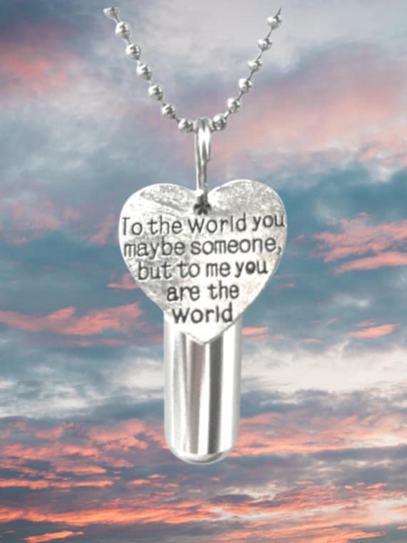 Personal Cremation Urn with "To Me You Are The World" Engraved Pendant - Includes Velvet Pouch, 24" Ball Chain Necklace and Fill Kit