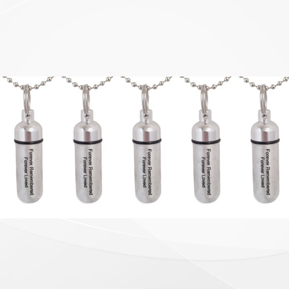 Set of FIVE Engraved Brushed Silver Cremation Urn Necklaces "Forever Remembered, Forever Loved" Memorial Jewelry, Ashes Necklace, Pet Loss