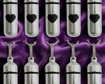 Ten Cremation Urn Necklaces with Laser Engraved HEARTS - with Velvet Pouches & Fill Kit