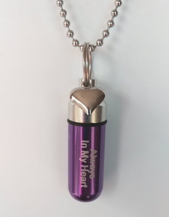 Purple Engraved "Always In My Heart" with Silver Heart  - Cremation Urn Necklace - Hand Assembled.... with Velvet Pouch and Fill Kit