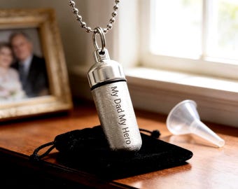 Engraved  "My Dad My Hero" Brushed Silver CREMATION URN Necklace with Velvet Pouch & Fill Kit