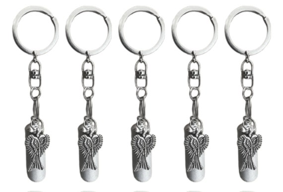 Set of FIVE Brushed Silver Cremation Urn on Swivel Keychains with Angel Wings - Mourning Keepsake, Child Urn, Pet Urn, Personalized Urn