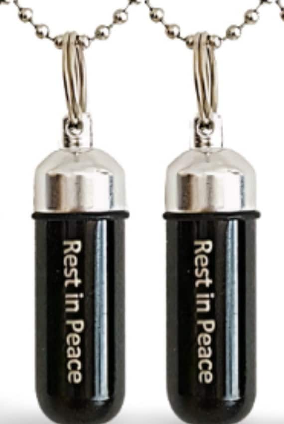 TWO Engraved "Rest In Peace" Black Cremation Urn Necklaces with Velvet Pouches, Ball Chains and Fill Kit