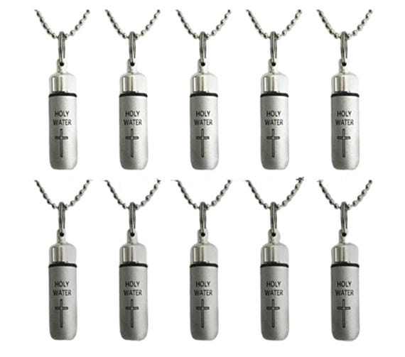 Ten Brushed Silver ENGRAVED HOLY WATER Bottle/Holder/Urn Necklaces - Baptism, Communion, Confirmation