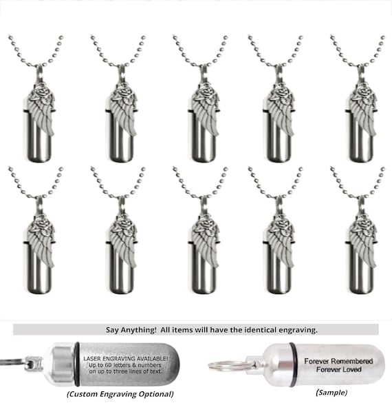 TEN Silver CREMATION URN Necklaces with Angel Wing Rose -  Loss of Loved One, Memorial Urns, Mourning Jewelry, Child Ashes, Urn Keepsake Set