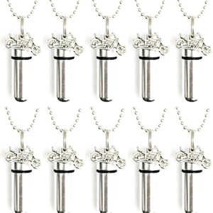 Set of Ten Silver Motorcycle CREMATION URN Necklaces - Custom ENGRAVABLE - Mourning Jewelry,  Loss Of Loved One, Men&#39;s Jewelry