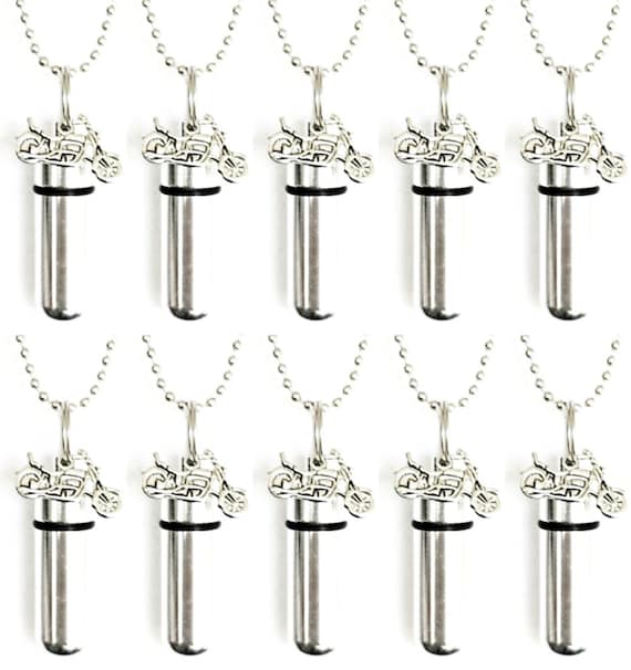 Set of Ten Silver Motorcycle CREMATION URN Necklaces - Custom ENGRAVABLE - Mourning Jewelry,  Loss Of Loved One, Men's Jewelry