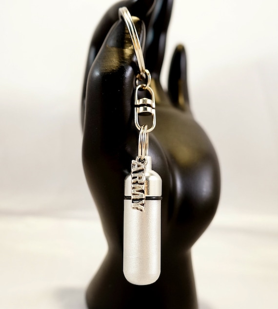 Brushed Silver "ARMY" Patriotic Cremation Urn on Steel Swivel Keychain - Includes Velvet Pouch & Fill Kit -  Custom Engravable