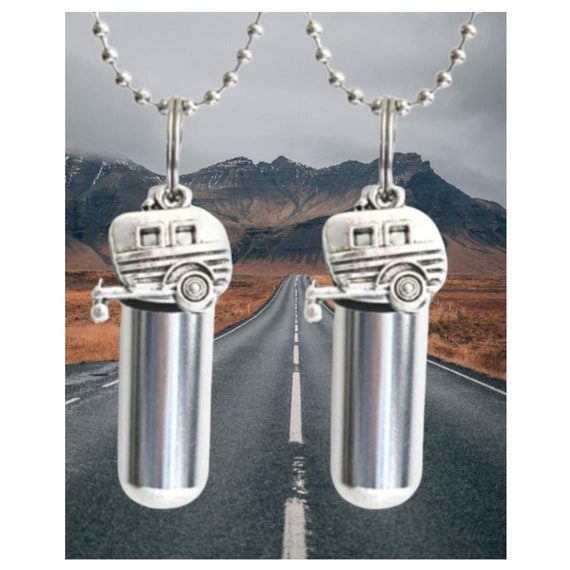 Set Of TWO Silver Camper/RV/Trailer Cremation Urn Necklaces with 24" Ball-Chains, Velvet Pouches and Fill Kit