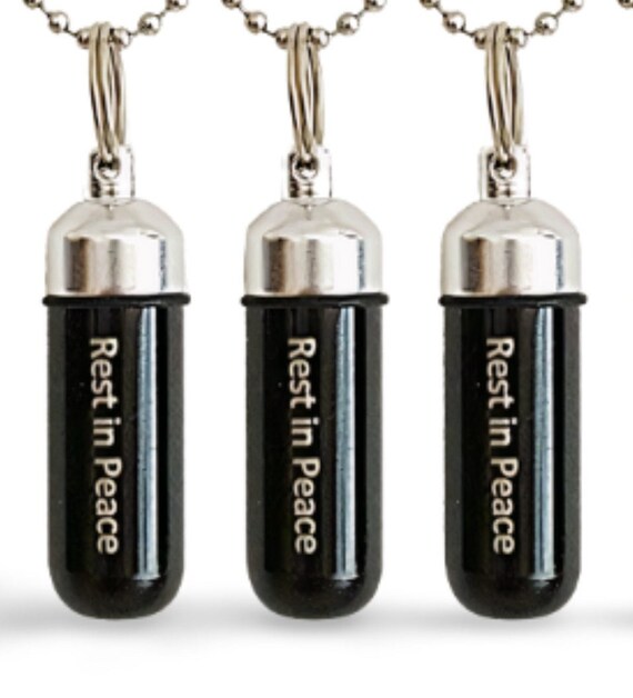 THREE Engraved "Rest In Peace" Black Cremation Urn Necklaces with Velvet Pouches, Ball Chains and Fill Kit - Memorial Jewelry, Urn for Ashes