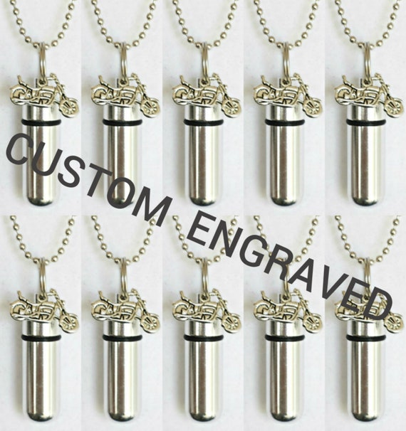 Set of TEN Custom Engraved Silver Motorcycle CREMATION URN Necklaces - Memorial Jewelry, Ashes Urn, Mourning Jewelry, Urn For Human Ashes