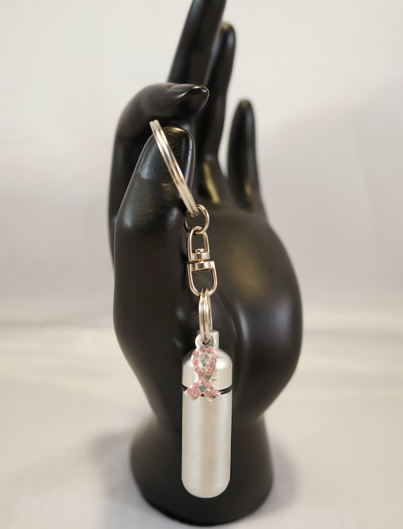 Brushed Silver Cremation Urn with BREAST CANCER Pendant on Stainless Steel Swivel Keyring with Velvet Pouch. Urn Keepsake, Ashes Jewelry