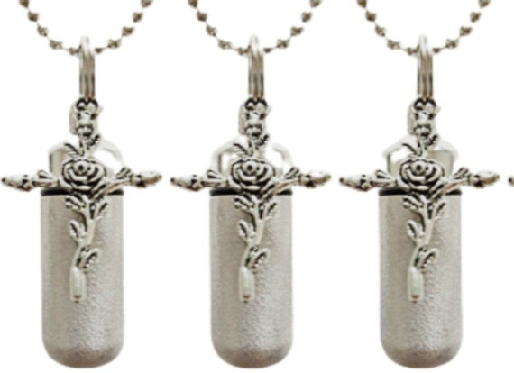 Set of 3 Brushed Silver "Rose Cross" ANOINTING OIL Holder with 3 Velvet Pouches, 3 Steel Ball-Chain Necklaces