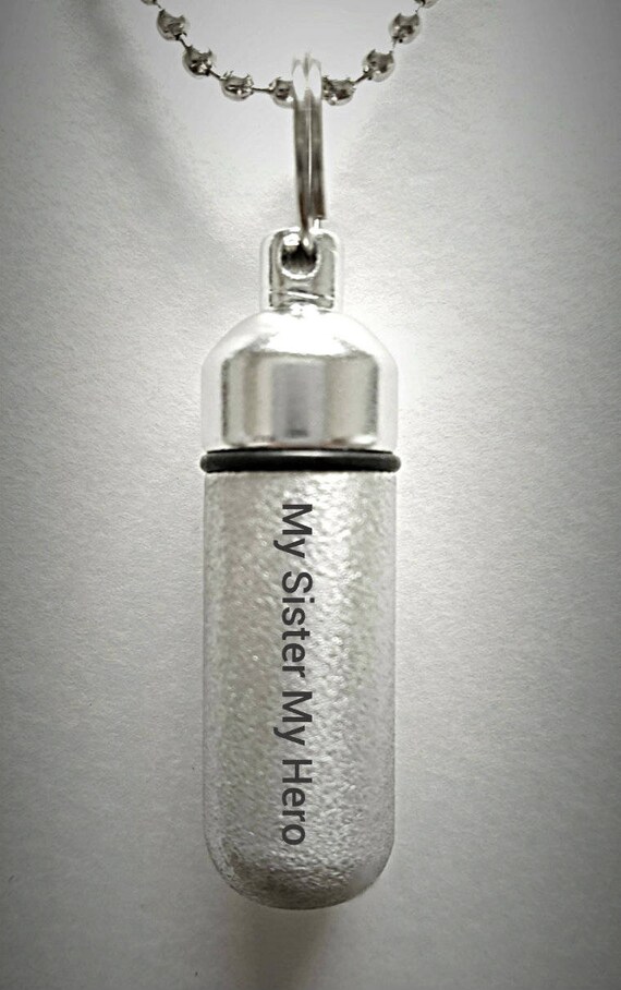 Engraved  "My Sister My Hero" Brushed Silver CREMATION URN Necklace -  Hand Crafted - with Velvet Pouch and Fill Kit