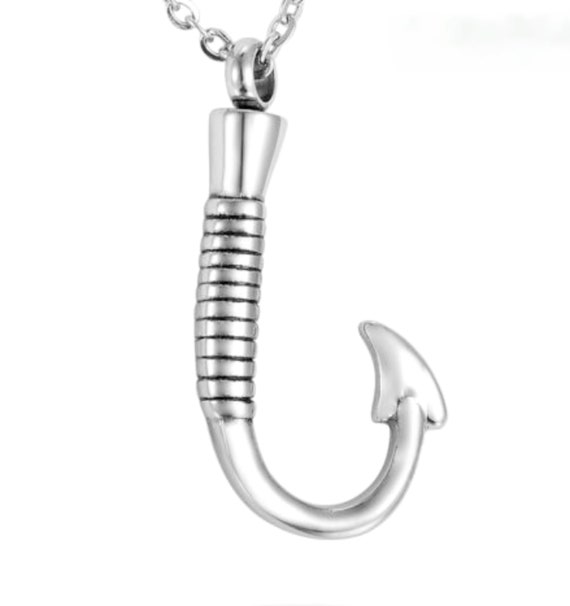 Elegant Stainless Steel Fish Hook / Fisherman CREMATION URN on 24" Steel Ball-Chain Necklace with Velvet Pouch & Fill Kit - Memorial Jewelry