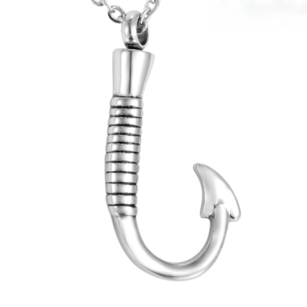 Elegant Stainless Steel Fish Hook / Fisherman CREMATION URN on 24" Steel Ball-Chain Necklace with Velvet Pouch & Fill Kit - Memorial Jewelry