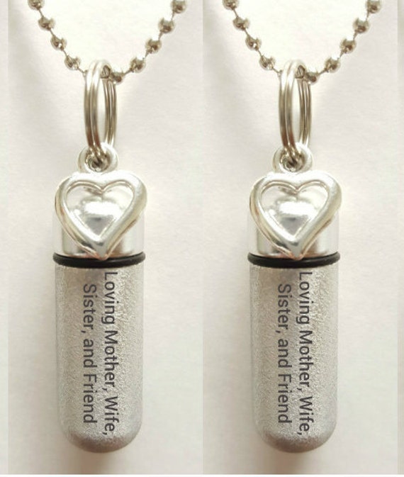 Set of Two ENGRAVED Brushed Silver CREMATION URN Necklaces "Loving Mother Wife Sister and Friend - w/Open Hearts,  Velvet Pouches & Fill-Kit