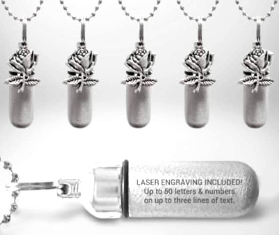 CUSTOM ENGRAVED Set of FIVE Brushed Silver Rose Cremation Urn Necklaces, Memorial Jewelry