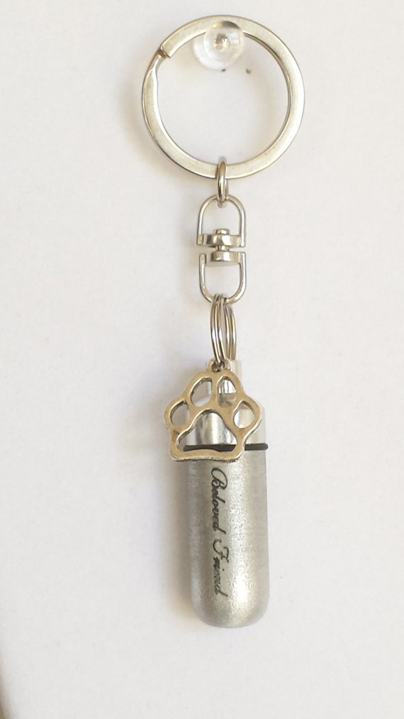 Engraved "Beloved Friend" with Gold Paw - Pet Cremation Urn Swivel Keychain - Hand Assembled with Velvet Pouch & Fill Kit - Dog Urn, Cat Urn