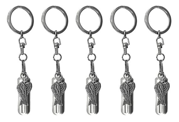 FIVE Silver Cremation Urn on Swivel Keychains with Angel Wings, Child Urn, Pet Urn, Personalized Urn