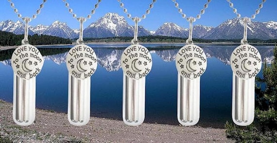 Set of FIVE "I Love You To The Moon And Back" Cremation Urns on 24" Ball Chain Necklaces - Memorial Urn, Ashes Necklace, Pet Urn, Child Urn