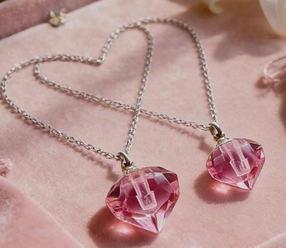 Mother & Daughter Set of TWO Pink Crystal Diamond Mourning Stone CREMATION URNS on 24" Curb Chain Necklaces with Velvet Pouches and Fill Kit
