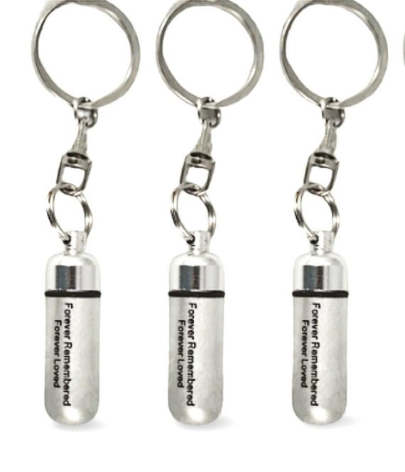 THREE Engraved "Forever Remembered Forever Loved" Brushed Silver CREMATION URNS On Swivel Keychains, Memorial Jewelry