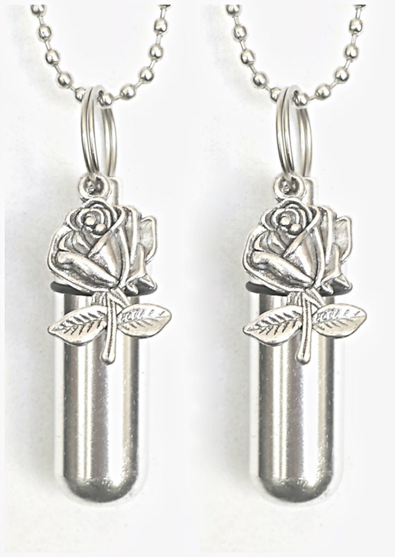 TWO Beautiful Silver Roses CREMATION URN Necklaces, Includes Two Velvet Pouches, Two 24" Ball Chains, &  Fill Kit, Memorial Keepsake