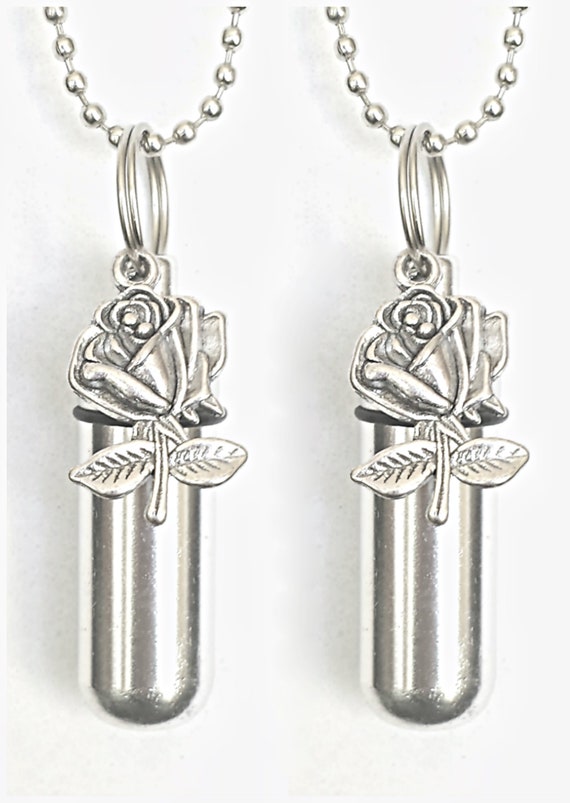 TWO Lovely Silver Roses CREMATION URN Necklaces with Engraved "Love Hearts".  Child Loss, Miscarriage, Bereavement, Gift, Loss of Loved One