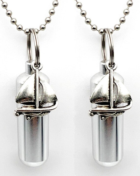 Set of TWO Silver Sailboat Cremation Urns on 24" Steel Ball Chain Necklaces - Mourning Necklace, Ashes Keepsake, Ashes Jewelry