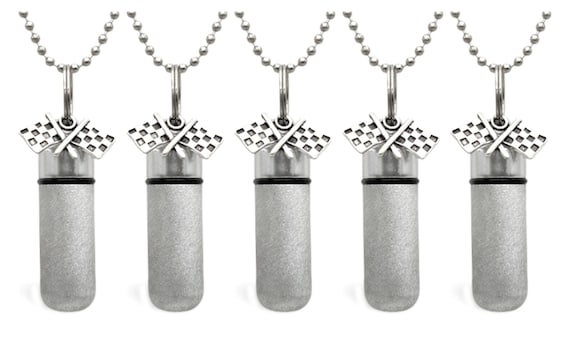 Set of Five PERSONALIZED Brushed Silver  Racing Flag CREMATION URNS on 24" Steel Ball Chain Necklaces - Ashes Jewelry, Urn Necklace