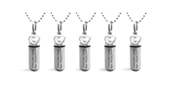 Set of 5 ENGRAVED Brushed Silver CREMATION URN Necklaces "Loving Mother Wife Sister and Friend" - w/Open Hearts,  Velvet Pouches & Fill-Kit