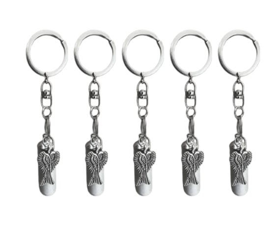 Set of FIVE Brushed Silver Cremation Urn on Swivel Keychains with Angel Wings - Mourning Keepsake, Child Urn, Pet Urn, Personalized Urn
