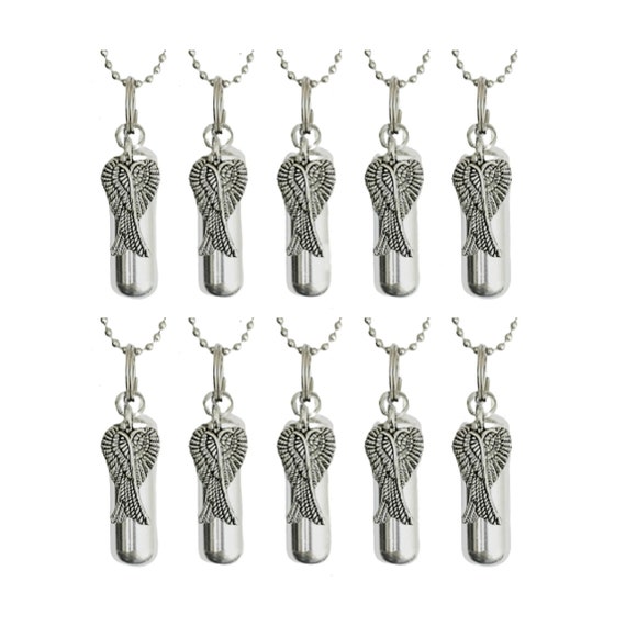 TEN Silver Cremation Urn Necklaces with Angel Wings - Memorial Jewelry, Mourning Keepsake, Child Urn, Pet Urn, Personalized Urn