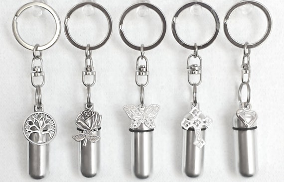 Set of FIVE Assorted CREMATION URNS on Steel Swivel Keychains - Silver Rose/Tree-of-Life/Butterfly/Lace Cross/Open Heart - Ashes Keepsake