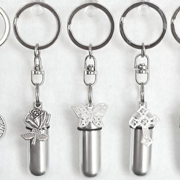 Set of FIVE Assorted CREMATION URNS on Steel Swivel Keychains - Silver Rose/Tree-of-Life/Butterfly/Lace Cross/Open Heart - Ashes Keepsake