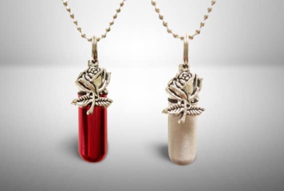 TWO CREMATION URN Necklaces with Silver Roses - One Red & One Brushed Silver - Includes Two Velvet Pouches, Two Ball Chains and Fill Kit