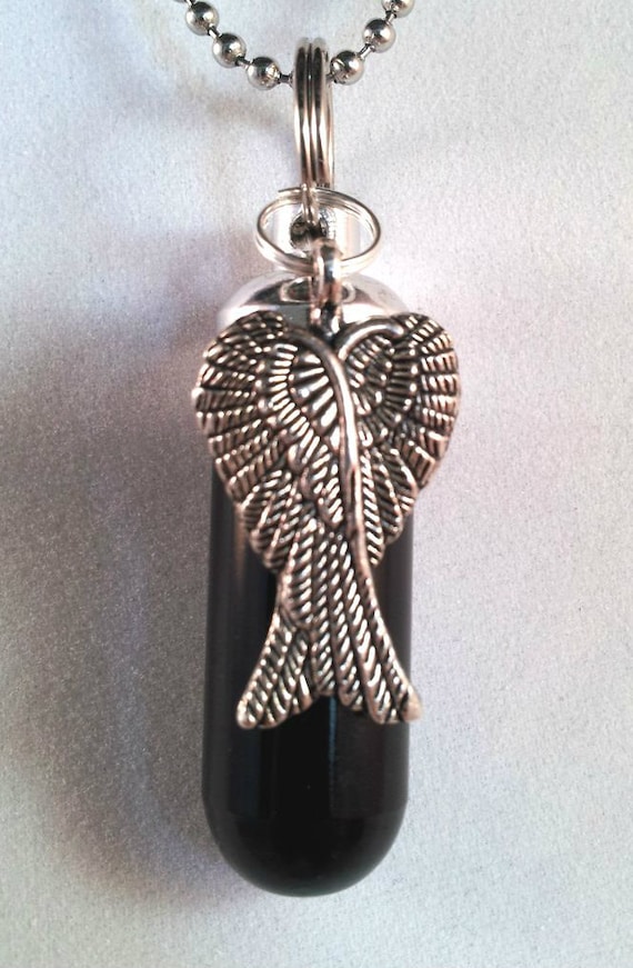 Black & Silver 2-tone Cremation Urn Necklace - Large Angel Wings - Hand Assembled.... in Velvet Pouch with Fill Kit