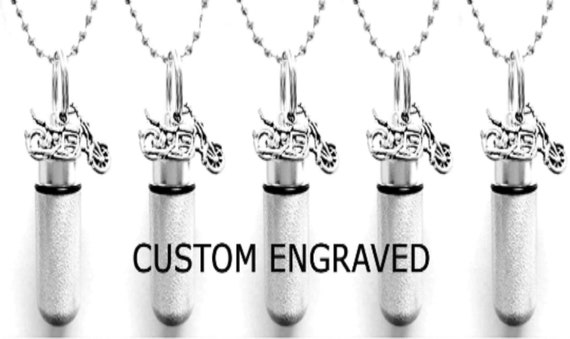 ENGRAVING INCLUDED Set of Five Brushed Silver Motorcycle Cremation Urn Necklaces with Velvet Gift Pouches, Memorial Jewelry, Ashes Keepsakes