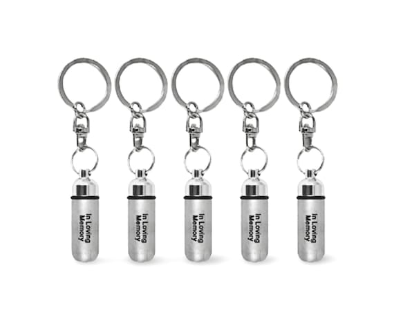 Set of 5 ENGRAVED "In Loving Memory" Brushed Silver CREMATION URNS on Stainless Steel Keychains - Ashes Keepsake, Mourning Jewelry, Pet Urn