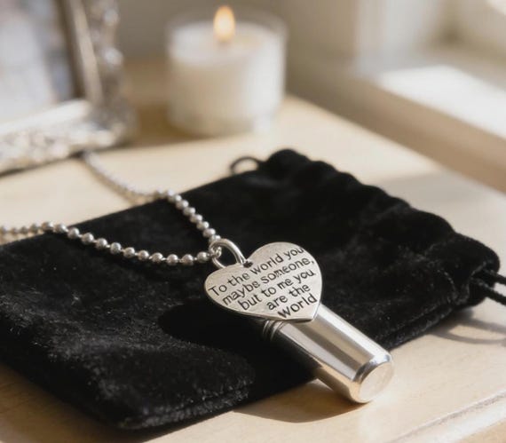 Personal Cremation Urn  "To Me You Are The World" Engraved Pendant - WIth Pouch, 24" Chain & Fill Kit