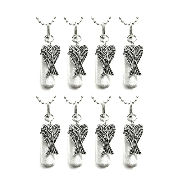 Set of EIGHT Brushed Silver Cremation Urn Necklaces with Angel Wings, Ashes Jewelry, Memorial Jewelry, Urn For Human Ashes, Personalized Urn