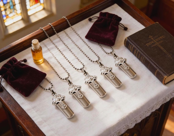 FIVE Polished Silver Cross Anointing Oil Holders with Velvet Pouches & 5 Ball-Chains