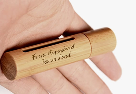 New ENGRAVED "Forever Remembered, Forever Loved"  Sandalwood Cremation Urn / Scattering Tube w/Window - Fits Pocket or Purse, TSA Compliant