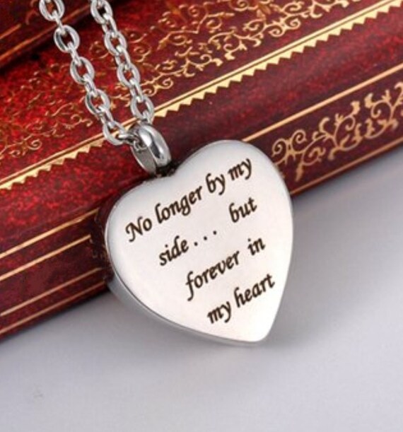 Engraved Stainless Steel CREMATION URN on Curb Chain Necklace with "No longer by my side... but forever in my heart" Includes Velvet Pouch