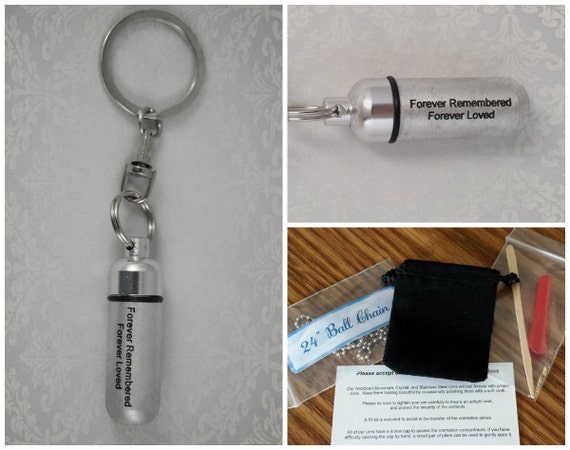 Engraved "Forever Remembered, Forever Loved" Brushed Silver Cremation Urn Swivel Keychain with Velvet Pouch & Fill Kit - Ashes Jewelry